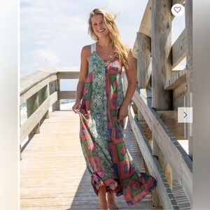 NWT: Beaded Lace Neckline Boho Patchwork Print Flowing Ruffle Hem• Small